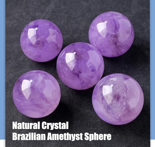 Natural Amethyst Crystal Ball Healing Crystals Sphere with Wooden Stand Meditation Home Decor for Divination Meditation Feng Shui Home Office Desk Decor,5~5.5cm