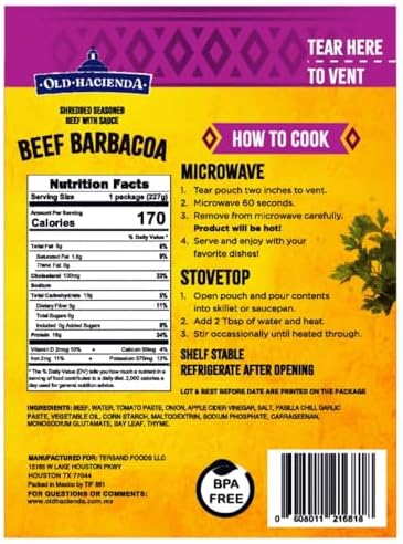 Old Hacienda Beef Barbacoa, | 100% Shredded Seasoned Beef with Sauce | Fully Cooked & Ready to Eat | 18g Protein | No Preservatives, Artificial Flavors or Colors | BPA Free Pouch | Pack of 3 - 8 oz