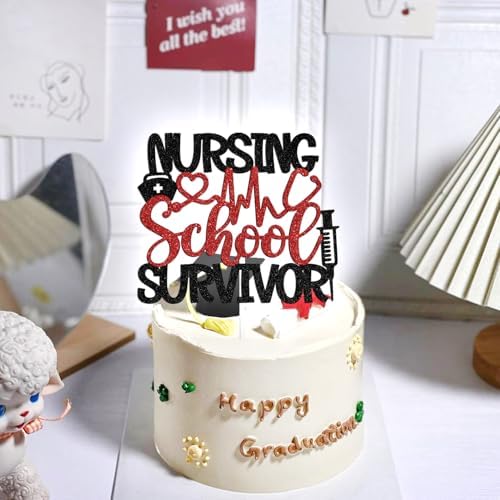 Nursing School Survivor Cake Topper, 2026 Congrats Nurse Grad Graduation Cake Decor, Future RN/Big BSN Energy Graduation Party Decorations Supplies, Red and Black Glitter