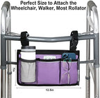 Wheelchair Side Bag, Armrest Storage Pouch with Cup Holder and Reflective Strip Use of Waterproof Fabric, for Most Wheelchairs, Walkers or Rollators (Purple)