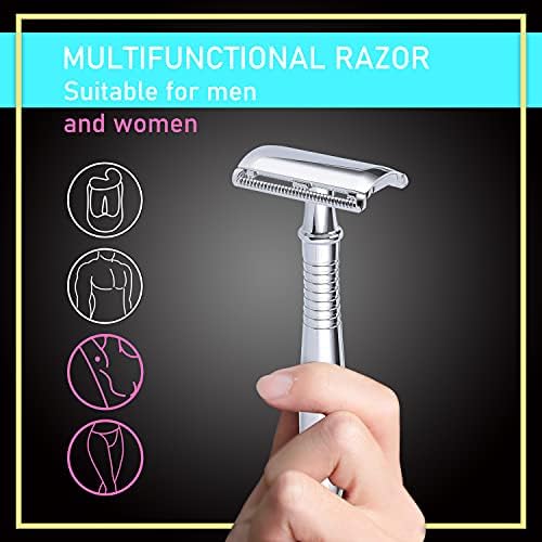 BAILI Classic 3-Piece Metal Double Edge Eco Safety Razor Long Handle Wet Shaving Kit for Men Women with 5 Platinum Blades BD191