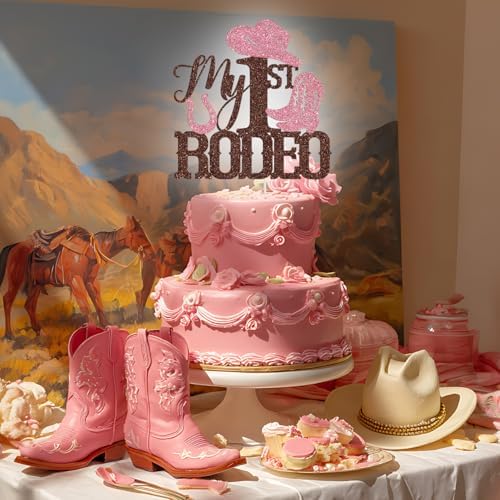 My 1st Rodeo Cake Topper, West Cowgirl 1st Birthday Cake Decor, Western Cowgirl First Birthday Baby Shower Party Decorations, Brown and Pink Glitter