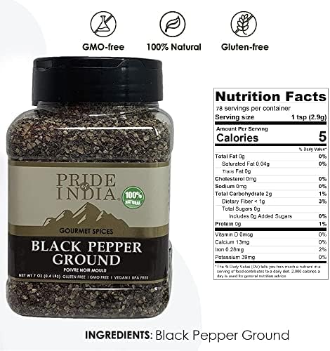 Pride of India – Black Pepper Ground – Ideal for Gourmet Dishes/Soups/Stews/Rubs – Fresh & Preservatives Free – Warming Spice – Easy to Store – 7oz. Medium Dual Sifter Jar
