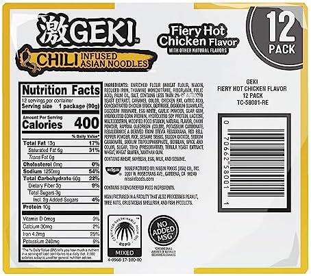 Nissin Geki Chili Infused Asian Noodles, Fiery Hot Chicken Flavor, 3.17 Ounce (Pack of 12)