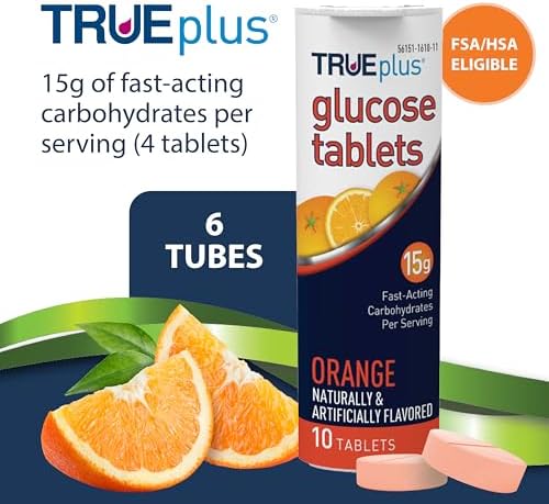 TRUEplus Glucose Tablets, Chewable, Orange Flavor, 15g Fast-Acting Carbohydrates, Fat Free, Gluten Free, Raise Low Blood Sugar and Boost Energy, 10 Count, 6 Tubes