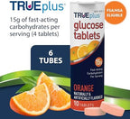 TRUEplus Glucose Tablets, Chewable, Orange Flavor, 15g Fast-Acting Carbohydrates, Fat Free, Gluten Free, Raise Low Blood Sugar and Boost Energy, 10 Count, 6 Tubes