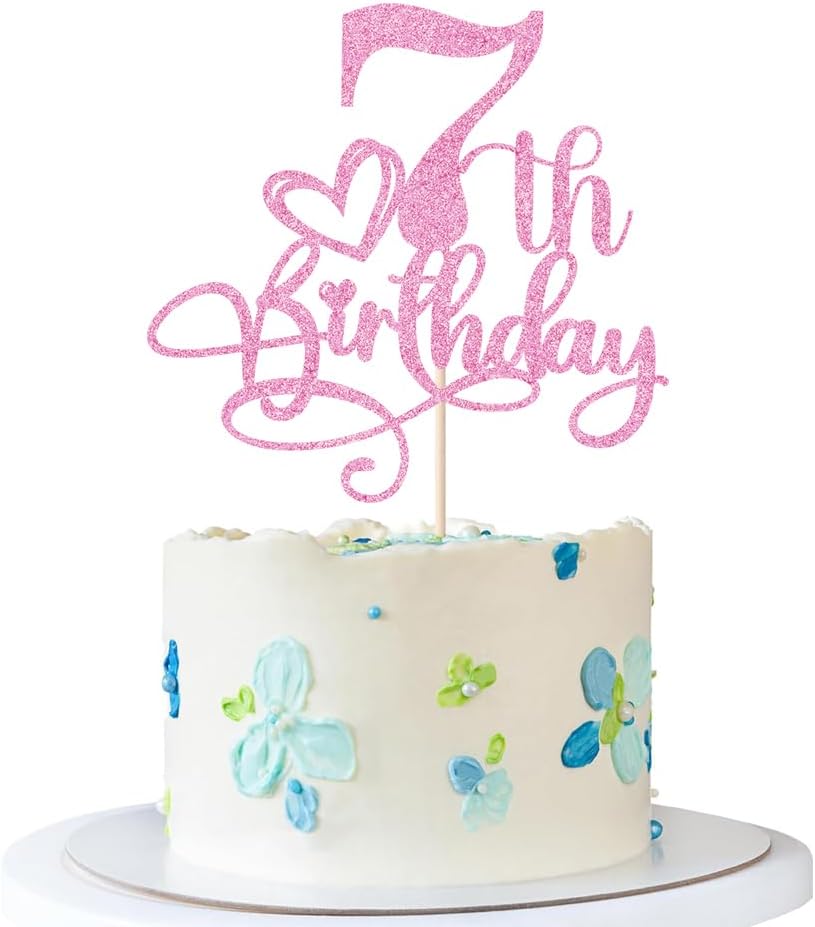 Happy 7th Birthday Cake Topper，Anniversary Party/Boy or Girl Seven Year Old Birthday Party Supplies Pink Glitter
