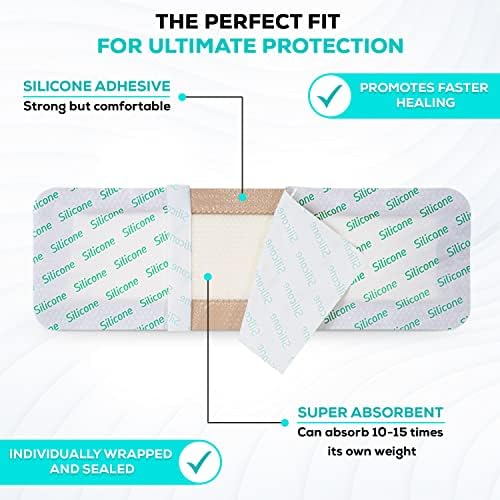 MedVance Bordered Adhesive Silicone Foam Dressing Pack of 10 - Waterproof Silicone Pad - Easy Apply & Remove Sterile Bandages - Wound Care & Dressings for Burns & More (4"x12" Bandage, 2.4"x10.4" Pad)