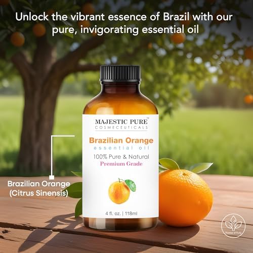 Majestic Pure Essential Oil with Glass Dropper - 100% Pure and Natural - Essential Oils for Diffuser, Aromatherapy, Soap and Candle Making, Brazillian Orange Essential Oil, Orange Oil, 4 Fl Oz