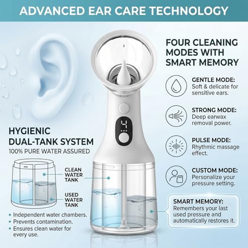 Clear Ease Ear Cleaner, Clearease Ear Wax Removal, Safe Ear Cleaning Device with 4 Pressure Modes & LED Display, USB Rechargeable Water Flushing System for Ear Wax Removal at Home