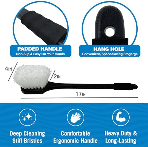 Stiff Hand Scrub Brush, Large Handle Heavy Duty Tire and Wheel Cleaning Tool, Outdoor Boat Scrubber with Handle, Carpet Cleaner, All-Purpose Cleaning Brush