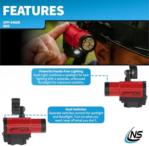 Nightstick XPP-5466R FORTEM Intrinsically Safe Helmet-Mounted Dual-Light Flashlight, Red