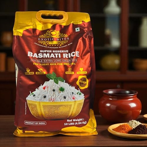 Exotic Bites Super Reserve Basmati Rice, Double Extra Long Grain, Premium Indian Rice for Biryanis, 10 Pounds