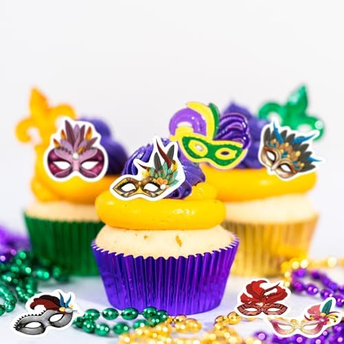 40PCS Edible Mardi Gras Cupcake Toppers Wafer Paper Masquerade Masks Cupcake Picks Edible Masquerade for Mardi Gras Party Baby Shower Birthday Party Cake Decorations Supplies