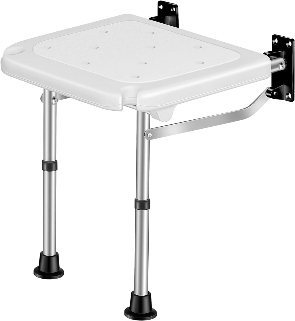 Wall Mounted Folding Shower Seat, Height Adjustable Bathroom Safety Stool, 400 LBS Heavy Duty Support, Foldable Shower Bench for Elderly, Disabled, Adults & Pregnant Women