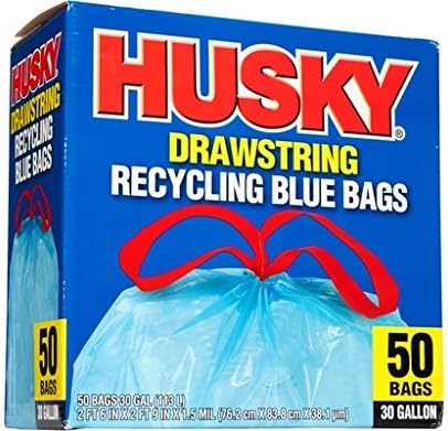 Husky HK30DS050BU 30-Gallon Drawstring Recycling Blue Bags, 50 Count