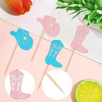 24 PCS Hats or Boots Cupcake Toppers Boy or Girl Cupcake Picks Cowboy Party Decorations for Gender Reveal Theme Baby Shower Boys Girls Birthday Party Cake Decorations Supplies Blue and Pink