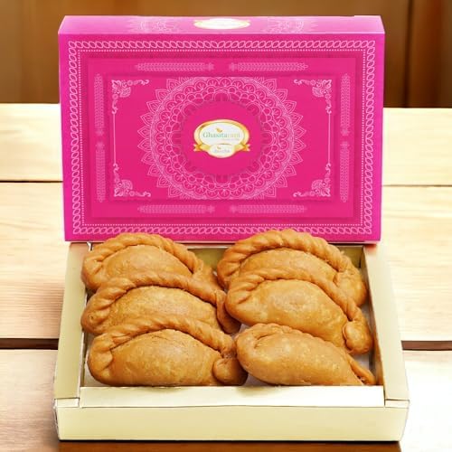 Ghasitaram Gifts Jaiccha Holi- Sweet/Holi Hampers/Thandai Big Pink Tray of Gujiyas, Nmakeen, Sweets/Bites, Thandai and Organic Gulal