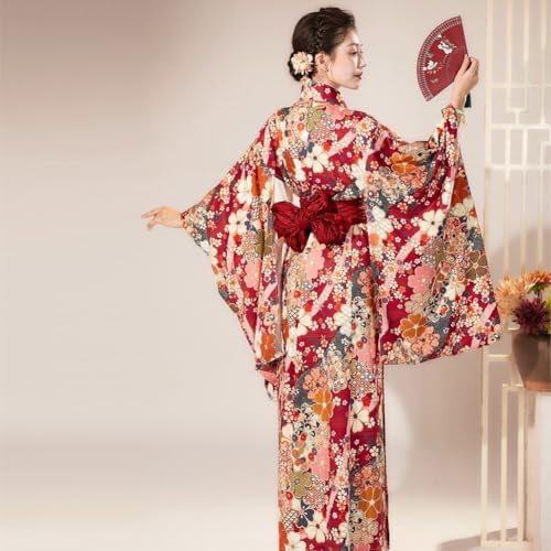 Womens Kimono Robe Traditional Japanese Kimono Dress Flower Printed Yukata with OBI, Halloween Cosplay Costume