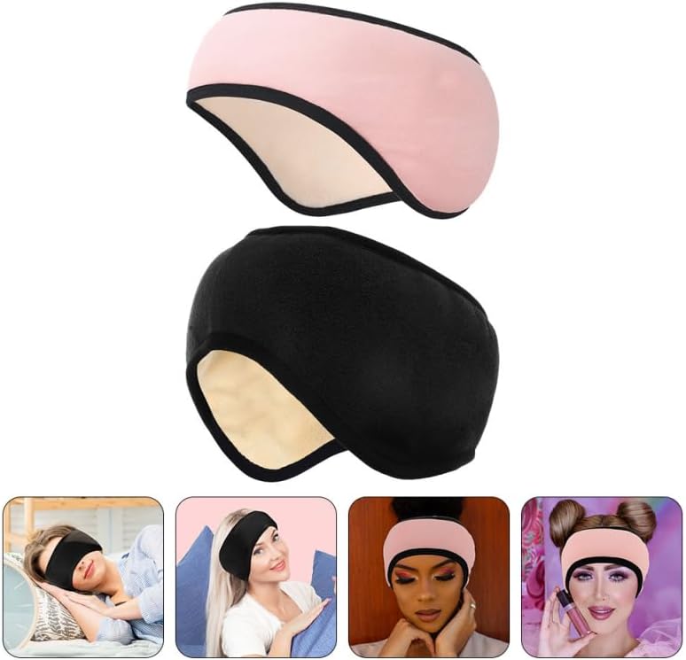 2 Pcs Sleep Eye Mask and Headband 2 in 1, Soft Fleece Ear Muffs for Sleeping, Side Sleeper Friendly, Adjustable Blackout Blindfold for Meditation, Yoga, Travel (Pink+Black)