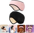 2 Pcs Sleep Eye Mask and Headband 2 in 1, Soft Fleece Ear Muffs for Sleeping, Side Sleeper Friendly, Adjustable Blackout Blindfold for Meditation, Yoga, Travel (Pink+Black)