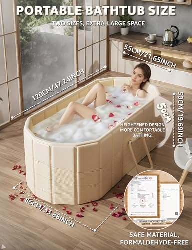 Portable Bathtub Ice Bath Tub - Foldable Collapsible Bathtub for Adult Shower Bathroom Hot SPA Soaking Cold Plunge Tub Freestanding Bathtub 47"Lx22"Wx20"H White
