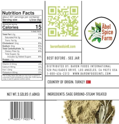 Ābel Spice Farm Ground Sage, Premium Steam Treated Natural Kosher-Certified Non-GMO Herb, 3.53 Lb Bulk Pack