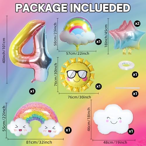 4th Birthday Decorations Girl, 4th Rainbow Birthday Balloons Set with Sun Gradient Stars and 40 Inch Number 4 Foil Balloon for Rainbow Theme Girls Party Decoration Supplies