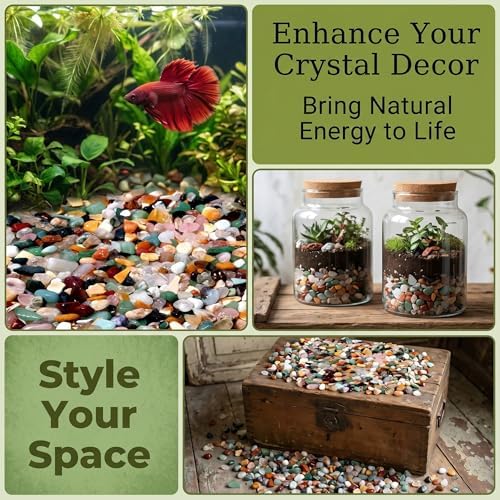Mixed Crushed Crystal Chips Bulk 1lb 1200+Pcs Assorted Tumbled Stone Chips Natural Polished Mixed Chakra Aquarium Gravel Rocks for Plants Terrarium Supplies Fish Tank Gravel Pebbles Vase Filler