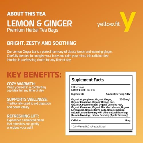 Yellow.fit Ginger Lemon Herbal Tea Bags – 1500mg Loose Leaf Tea Bags, Caffeine-Free Herbal Tea with Ginger Root & Lemon Peel, Plant-Based Tea Bags, 100 Count