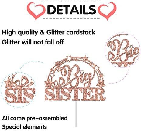 Rose Gold Glitter Big Sister Cake Topper, Girls Birthday Cake Decorations, Baby Shower, Gender Reveal Party Decorations