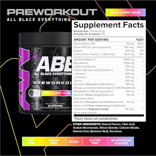 All Black Everything Pre-Workout Powder | Preworkout Energy Drink Mix | 350mg Caffeine | Beta Alanine & Citrulline | Energy Supplement for Men & Women | Sour Gummy Bear | 30 Servings