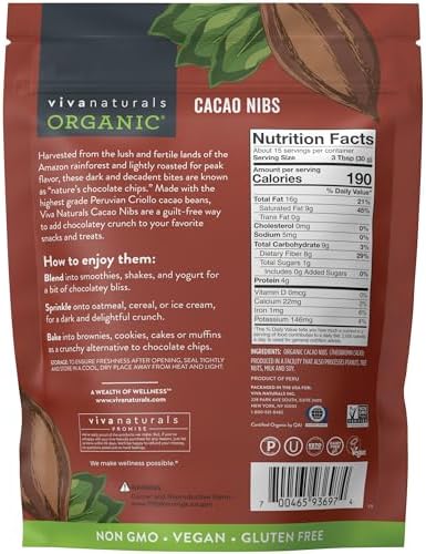 Viva Naturals Organic Cacao Nibs, Unsweetened, 1 LB (454 g), Keto Friendly, Vegan, Non-GMO, Gluten-Free Chocolate Chip Substitute