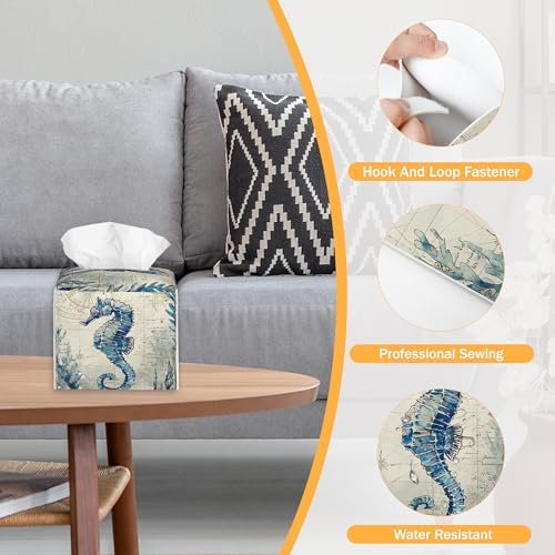Beach Ocean Sea Turtle 2 Pcs Tissue Box Cover Square Leather Tissue Case Holder Facial Paper Organizer Decorative for Bathroom Kitchen Car Office Home Decor