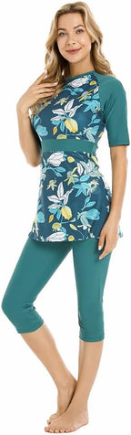 Modest Swimsuit Women's Rash Guard Short Sleeve Swimwear Modesty Swimming Costume Surfing Suit Burkini