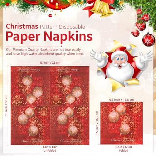 Christmas Party Disposable Paper Napkins 2 Ply Napkins Holiday 33cm x 33cm Cocktail Napkins Serviette for New Year Winter Dinner Party Supplies Decoration, Baubles & Floral Design - Red, 60pcs