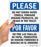 SmartSign "Please Do Not Throw Paper Towels, Feminine Hygiene Products, Or Trash In The Toilet" Bilingual Sign | 7" x 10" Plastic