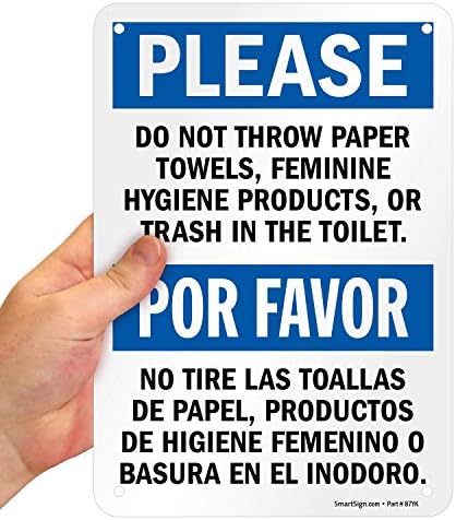 SmartSign "Please Do Not Throw Paper Towels, Feminine Hygiene Products, Or Trash In The Toilet" Bilingual Sign | 7" x 10" Plastic