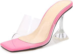 Women's Clear Square Open Toe High Heel Sandals Fashion Slip On Backless Crystal Stiletto Heel Slide Sandals Sexy Wedding Party Prom Dress Shoes 4.5-14 Size