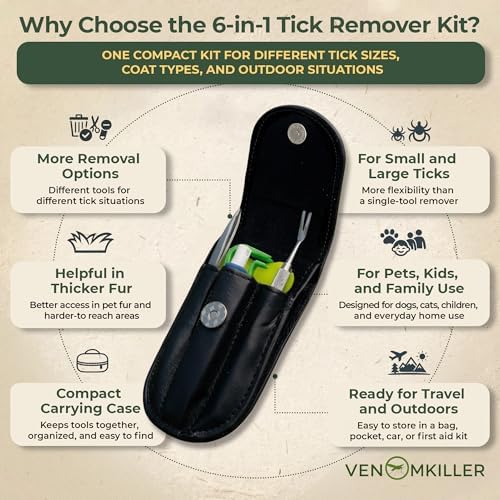 VENOMKILLER 6-in-1 Tick Remover Kit – Tick Removal Tool Set with Stainless Steel Tweezers, Tick Card, Hooks & Leather Case – Tick Remover for Dogs, Cats & Humans