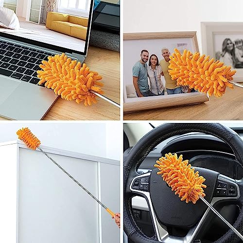 Microfiber Duster for Cleaning, Hand Washable Dusters, Extendable Pole, Detachable Cleaning Supplies for Office, Car, Window, Furniture, Ceiling Fan (Orange)