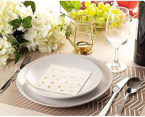 Juvale Engagement Napkins - 5 x 5 In Folded, 3-Ply, 50-Pack, Gold Foil Heart - Cocktail & Heart Engagement Party Napkins