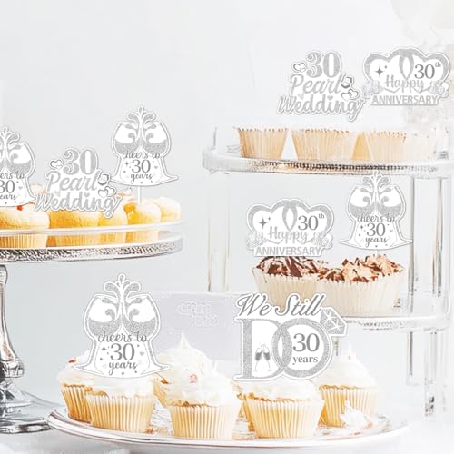 36 PCS 30th Anniversary Cupcake Toppers 30th Pearl Wedding Anniversary Cupcake Picks Double-Sided Printing Cheers to 30 Years We Still Do 30 Years Cake Decoration Anniversary Supplies