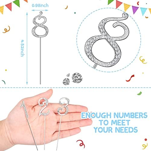 Hotop 0-9 Number Cake Topper Sparkly Bling Alloy Crystal Rhinestones Cupcake Toppers Small Happy Birthday Cake Decoration for Birthday Quinceanera Wedding Anniversary Party, Set of 10(Silver)