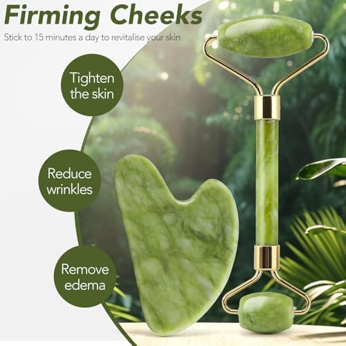 huefull Genuine Jade Roller & Gua Sha Set for Face, Cooling & Firming Effect, Sculpting Tool for Jawline & Skin Care, Self-Care Gifts for Women & Men