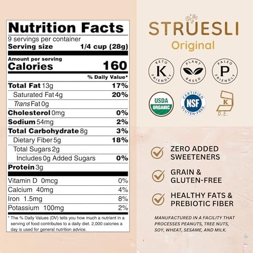 Struesli Original Organic Granola, Grain & Gluten Free, Healthy Snacks with Chia Seeds, Nuts and Sea Salt, Prebiotic High Fiber Food for Yogurt, Cereal & More, Plant Based, Keto & Paleo Friendly, 9 Oz