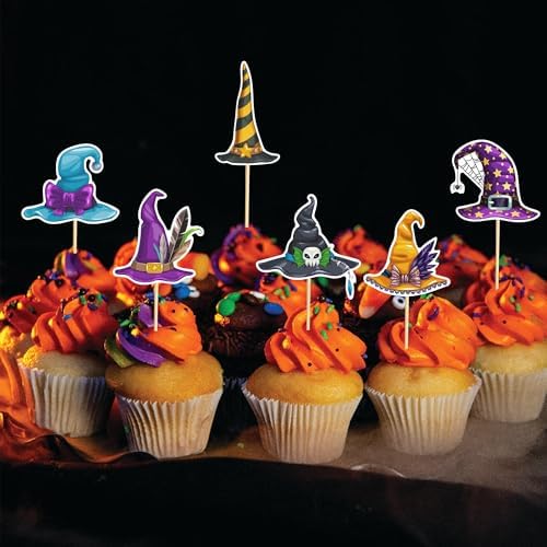 24Pcs Witch Hat Cupcake Toppers Halloween Party Decorations Halloween Witch Hat Theme Cupcake Decorations for Birthday Party Baby Shower Supplies