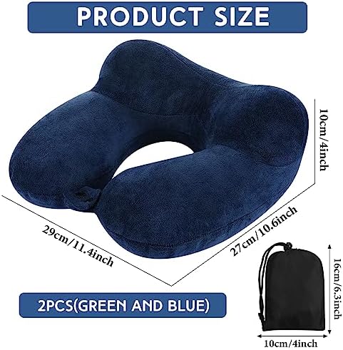 Sintuff 2 Pack Inflatable Travel Pillow for Airplanes Inflatable Neck Flight Pillows with Compact Bag and Blindfold for Traveling, Airplane, Train, Car, Office(Peacock Green and Blue)