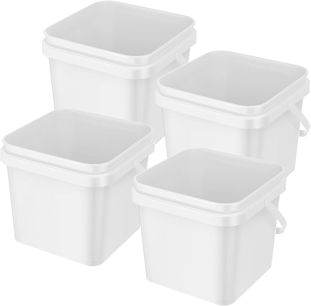 Jingmore 4 Pcs Plastic Bucket 5 Quart Square Bucket Utility Small Pail with Handle Sturdy Pail Organizer for House Cleaning Storage Livestock Feeding Car Washing Food Storage, No Lids(White)