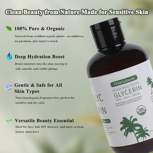 Organic Vegetable Glycerin – USDA Organic Certified, 100% Pure, 6 Fl Oz – Natural Skin & Hair Moisturizer – Ideal for DIY Beauty, Soaps, Lotions & More – Non-GMO, Palm Oil Free